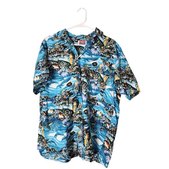 Vintage D'em Crazy Hawaiian Shirt Size Large Blue Ocean Fish Print Button Front - Picture 1 of 7
